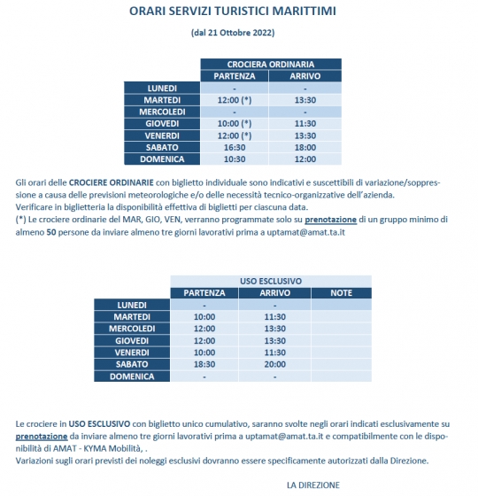 Servizi turistici marittimi dal 21 Ottobre